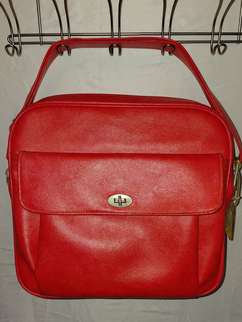 Vintage Samsonite Red Leather Overnight Bag with Turn-Lock Front Pocket